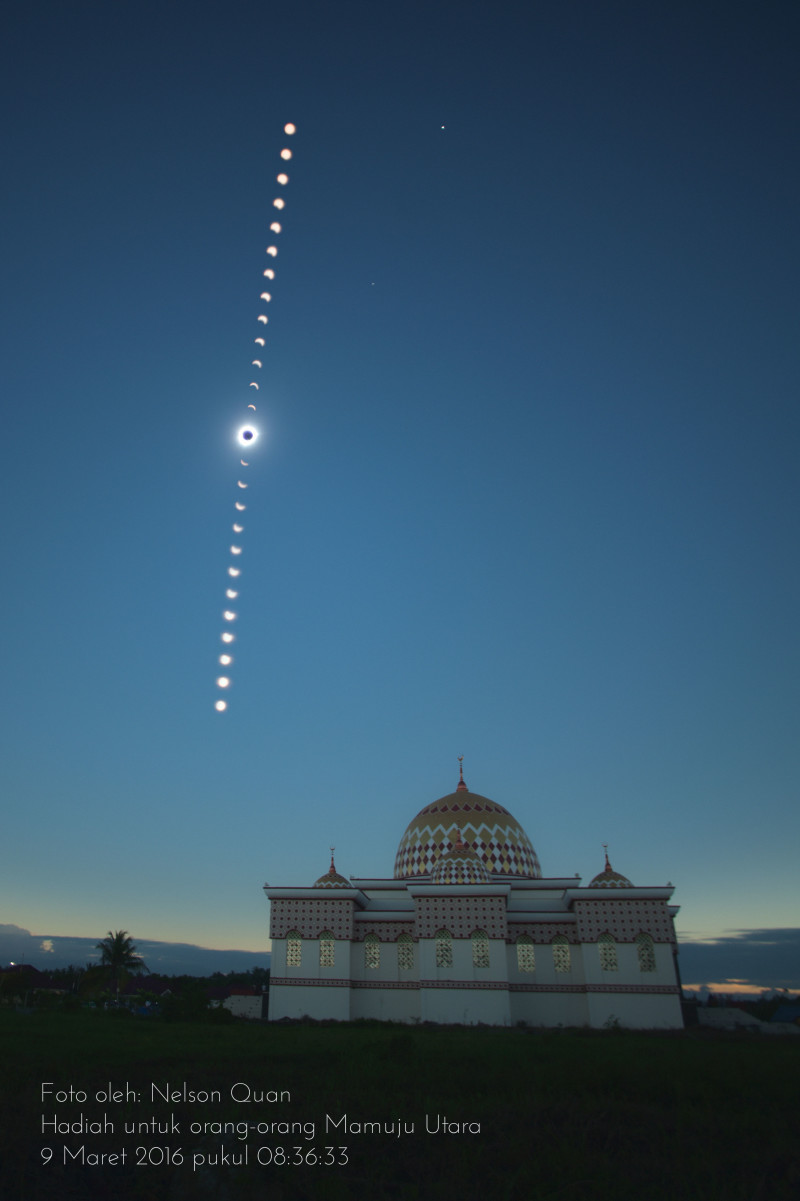 Solar Eclipse partial and total sequence shot taken at the local mosque in Mamuju Utara, Central/Western Sulawesi, Indonesia